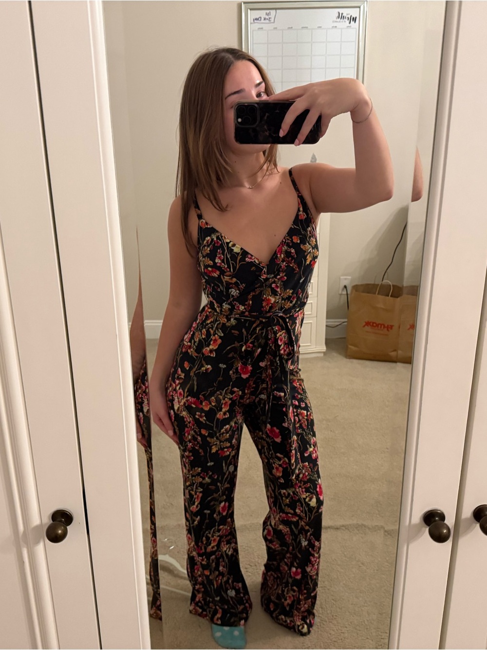 RACHEL Rachel Roy Black Floral V-Neck Wide-Leg Jumpsuit